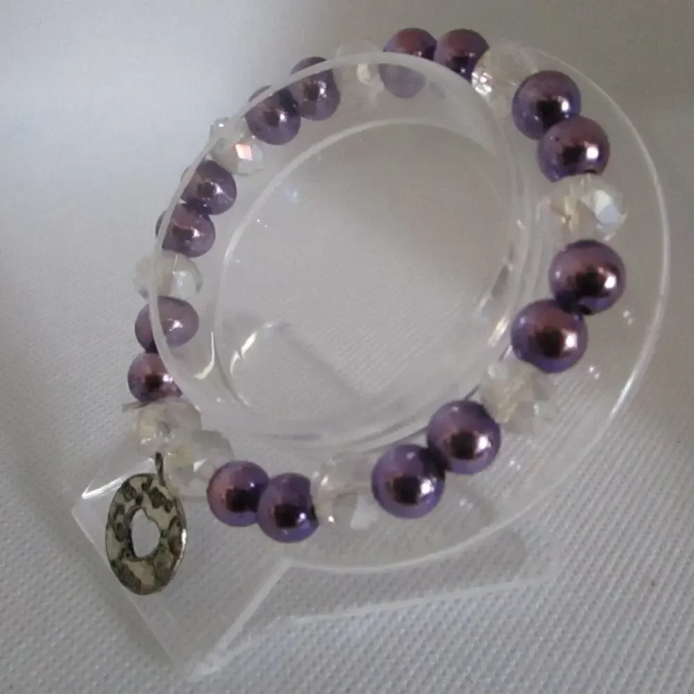Purple Mom Charm Bracelet Set of 3 Beaded Faux Pearl Crystal Stretch Jewelry